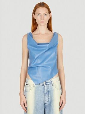 Nanushka Pale Blue Vegan Leather Asymmetrical Drape Sleeveless Top Shirt Blouse